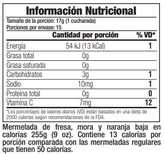 Tabla Nutricional mermelada de Fresa, mora y naranja